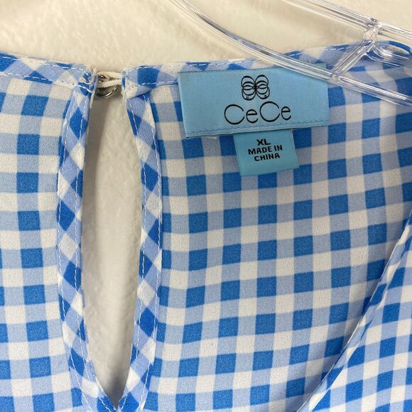 CeCe Women’s Blouse Size XL Blue White Checked Elbow Tie Sleeve Back Keyhole - Picture 4 of 5